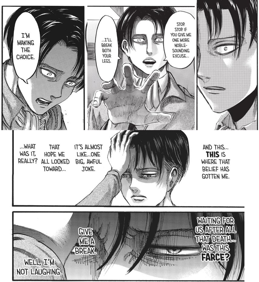 whofavoredfire's tweet photo. I don't see Levi as that stoic all things considered, or at least the "rarely shows emotion" thing I see perpetuated by the fandom isn't supported imo

Trying to repress pain to not burden others &amp; being cool-headed + controlled in battle isn't the same as rarely emoting imo https://t.co/1h6rit2N8G
