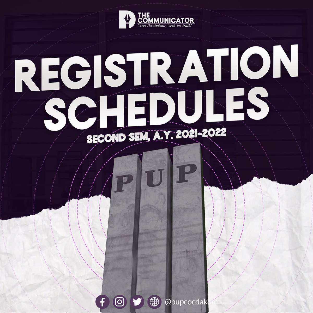 pupcocdakom's tweet photo. ADVISORY | As the PUP College of Communication (COC) prepares for the second semester of the Academic Year 2021-2022, here are the dates for registration for various year levels, which will be open for two weeks. https://t.co/AInSiozyxD