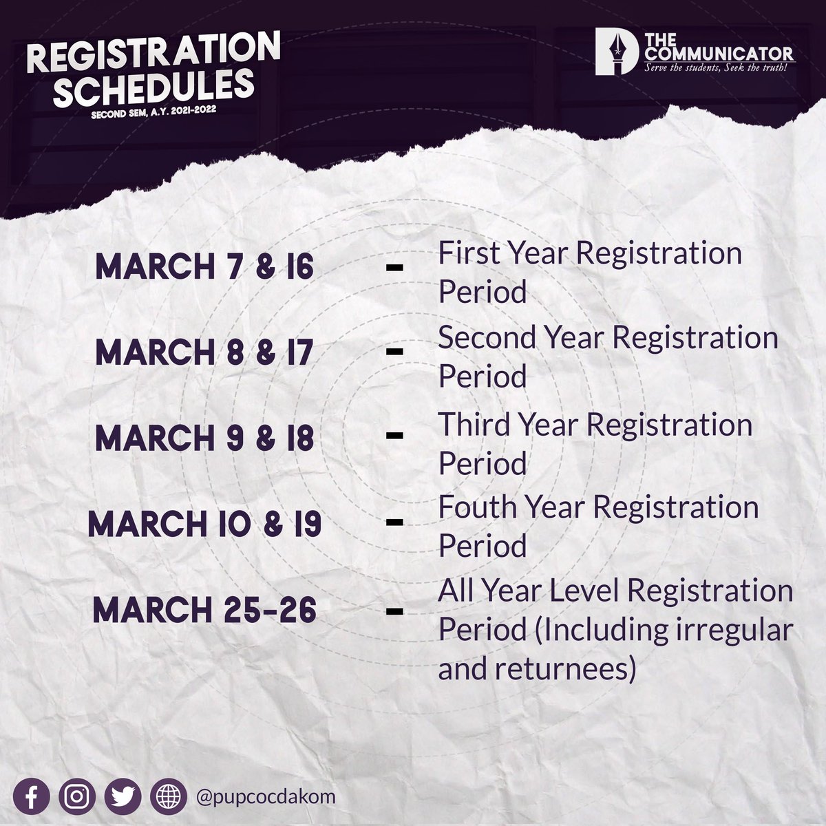 pupcocdakom's tweet photo. ADVISORY | As the PUP College of Communication (COC) prepares for the second semester of the Academic Year 2021-2022, here are the dates for registration for various year levels, which will be open for two weeks. https://t.co/AInSiozyxD