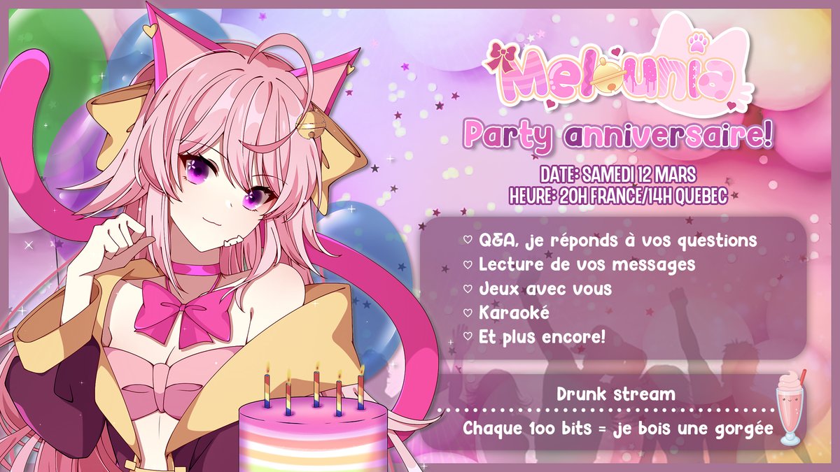 Viens fêter avec moi mon anniversaire ce samedi 12 mars!!!!🎉💕
Au menu: drunk stream, karaoké, Q&amp;A, jeux avec vous, lecture de vos messages et plus encore! 💗🎉
J'ai hâte de fêter mon anniversaire avec vous!☺️💕
🎀twitch.tv/melounia🎀
