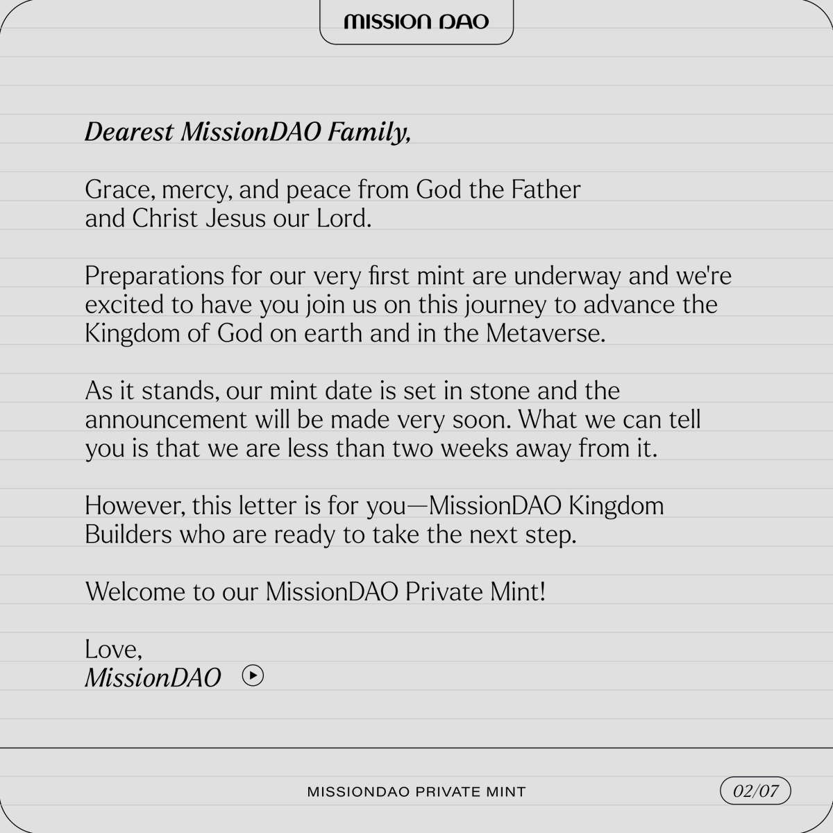MissionDAO's tweet photo. MissionDAO Private Mint Announcement

Today, we’re here to announce that we’re opening up our Private Mint to you - our MissionDAO community. We’re so excited to have you join us on this journey to advance the Kingdom of God on Earth and in the Metaverse.

#cryptocurrency #crypto https://t.co/KQRPK58DNx