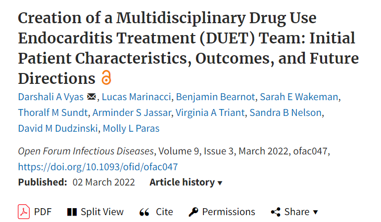 A study in OFID found that more efforts are needed to integrate harm reduction strategies and improve follow-up in the multidisciplinary care model for drug use-associated infective endocarditis treatment. 📄:bit.ly/3Me1TFL #IDSAJournals @PaulSaxMD @DrJLi @DarshaliVyas