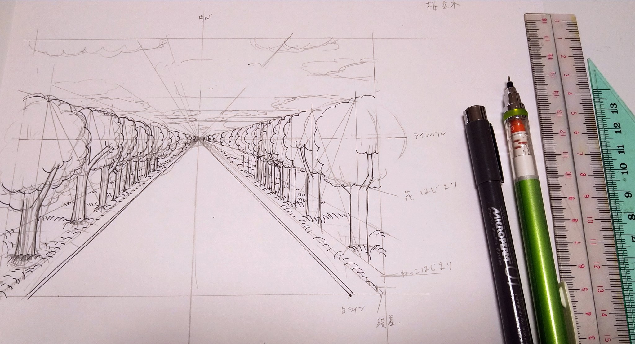 バル パースの勉強 並木道 を描いてみました 何とかなった 今回も一点透視図法の 増殖 という方法で等間隔に木を描いてみました パースラインがそれぞれ何なのかメモしないと迷子になりそう お絵描き好きさんと繋がりたい イラスト好きさんと