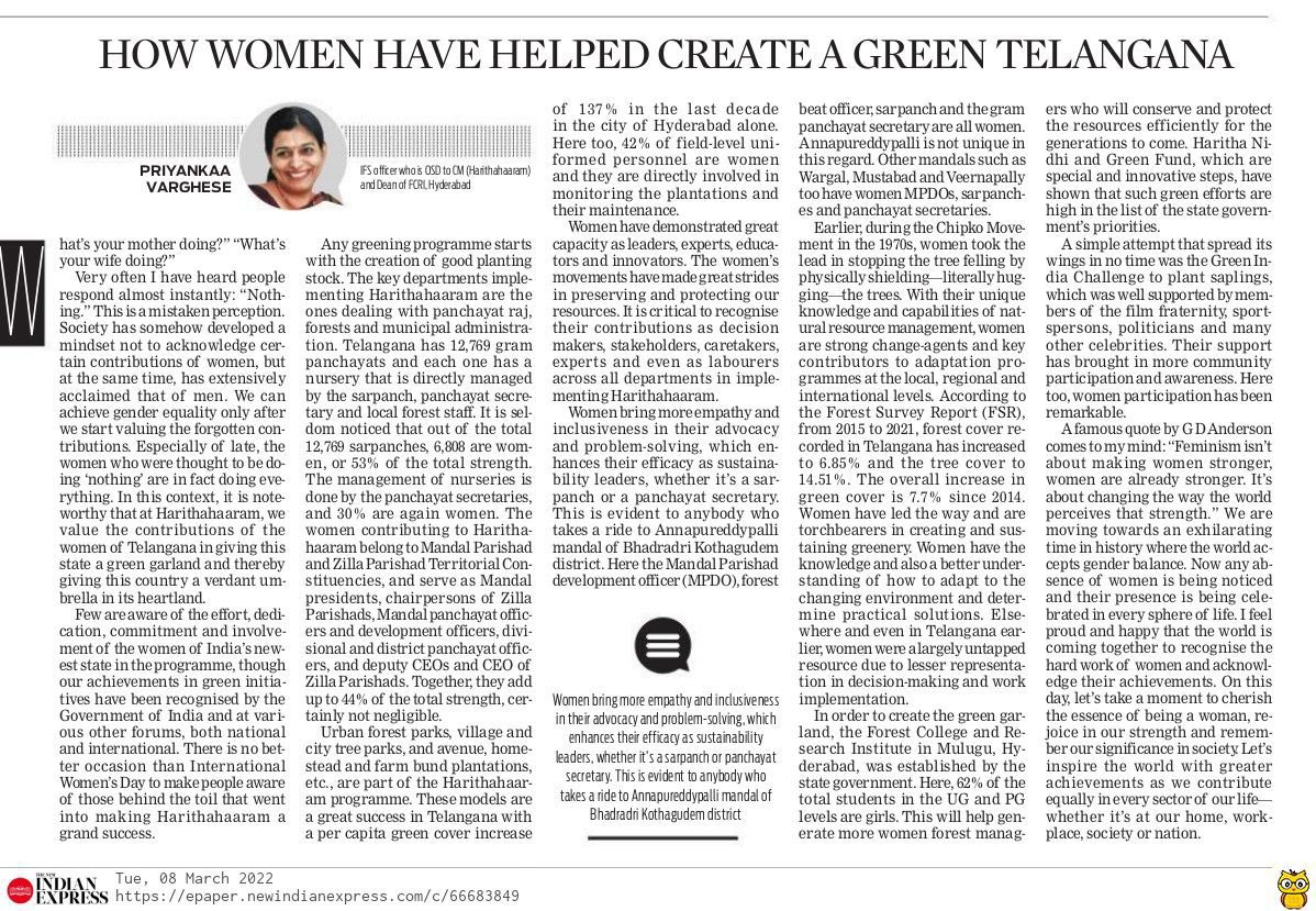 Role of women in greening #Telangana 
An editorial by #PriyankaVarghese in today's @XpressHyderabad 

@KTRTRS 
@gsvasu_TNIE 

#InternationalWomansDay2022