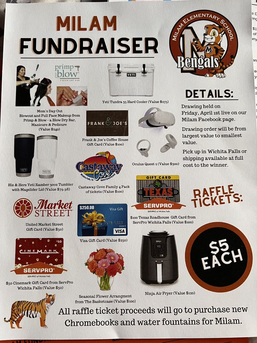 Ms_MartinezK's tweet photo. Karlee and Zack are selling tickets! $5 a ticket. Prizes are listed below. I can take Venmo, cash or check. Please help their school. https://t.co/DU7rCql9m9