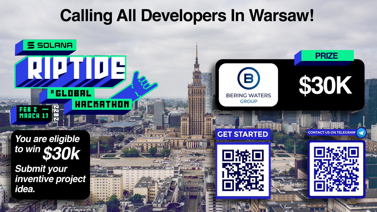 Bering_Waters's tweet photo. #BeringWaters wants the best #Warsaw developers to compete for cash as they submit their best projects to the #Solana #Riptide #Hackathon, as we are awarding $30K for the best #Polish project! Click the QR code for more. https://t.co/FPHAelwUCm