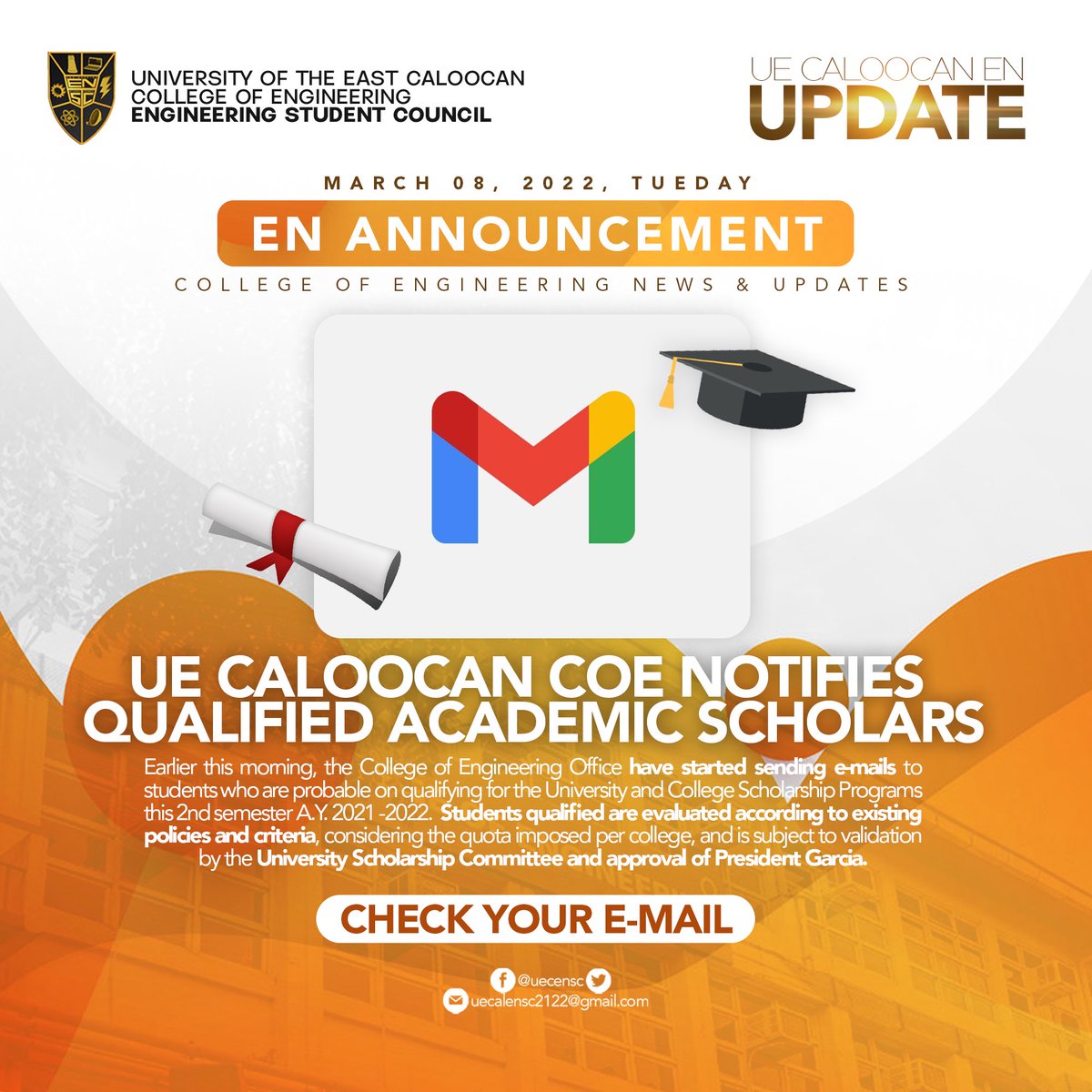 UECENSC's tweet photo. EN Update: UE Caloocan COE notifies qualified student scholars this 2nd semester SY 2021-2022.

In all endeavors, we shall conquer and move forward! 🧡

#UECalENUpdate 
#ENSC2122 #PadayonEN https://t.co/wsu5x3Qacp