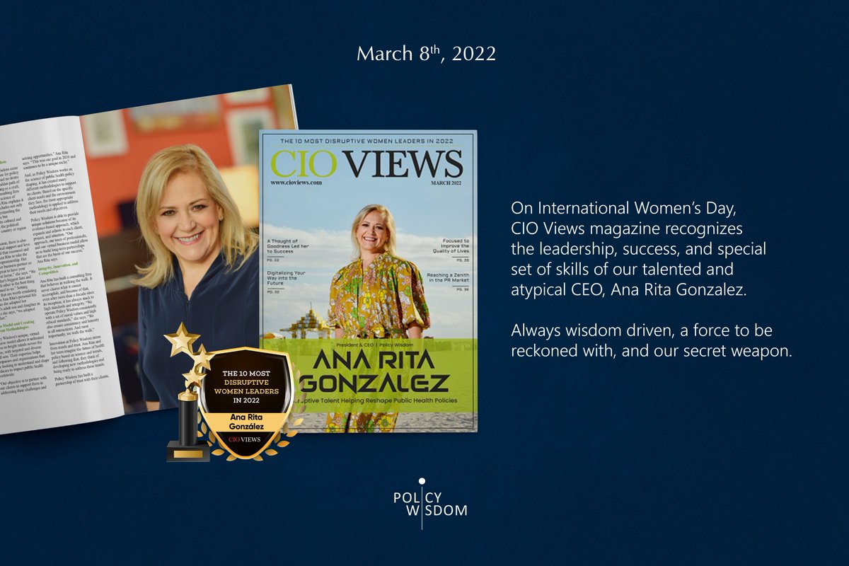 PolicyWisdom's tweet photo. On International Women’s Day, Cio Views Magazine @CIOviews recognizes the leadership, success, and special set of skills of our talented and atypical CEO, Ana Rita Gonzalez @anaritagon.

Read here the story behind her success: https://t.co/AArqmkJ2So https://t.co/pVtwUMpTnu
