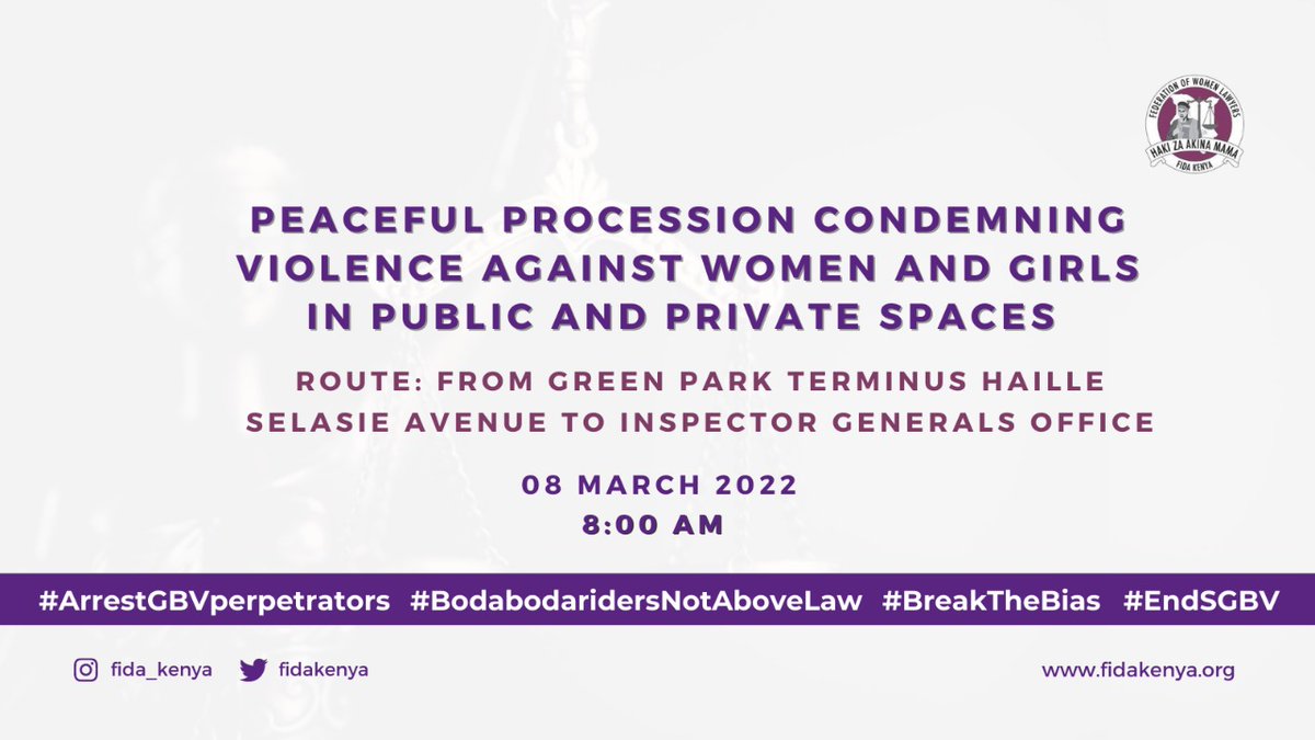 fidakenya's tweet photo. Join us today from 8:00am for a peaceful procession condemning violence against women and girls in public and private spaces.

#ArrestGBVPerpetrators #BreaktheBias #IWD2022 #ENDGBV #BodabodaRidersNotAboveLaw https://t.co/Mt0WiP19AZ