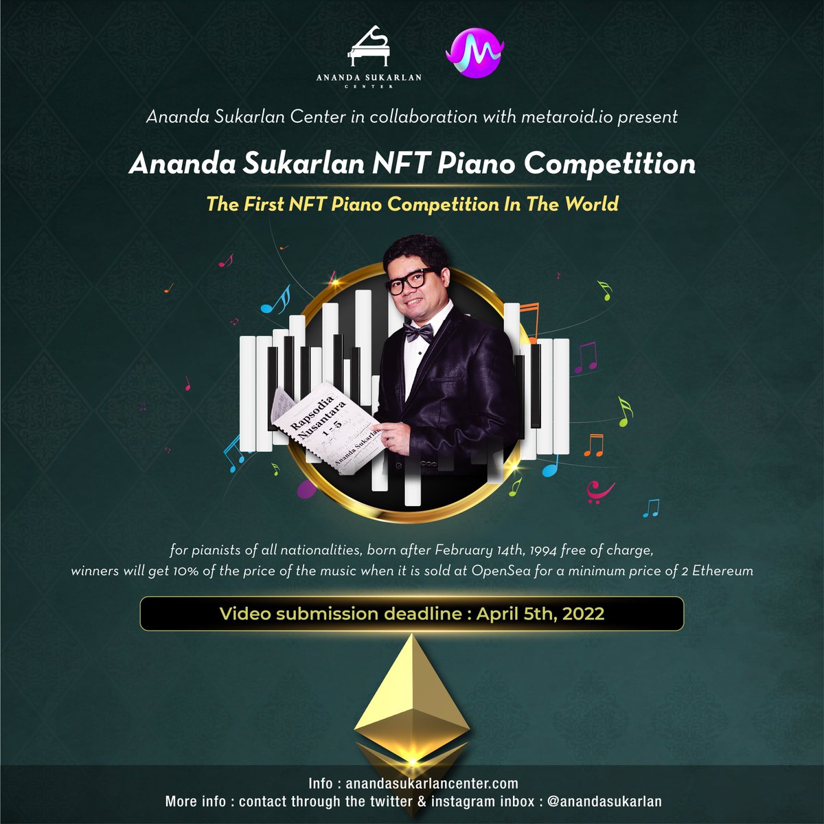 mchub_io's tweet photo. Ananda Sukarlan NFT Piano Competition in collaboration with Metaroid NFT, is glad to announce that the registration is now open to pianists of all nationalities! Details could be found on the "https://t.co/C8dHPUqEKC" official website and don’t miss out!🤩

#nftpianocompetition https://t.co/4eLnzGaELI
