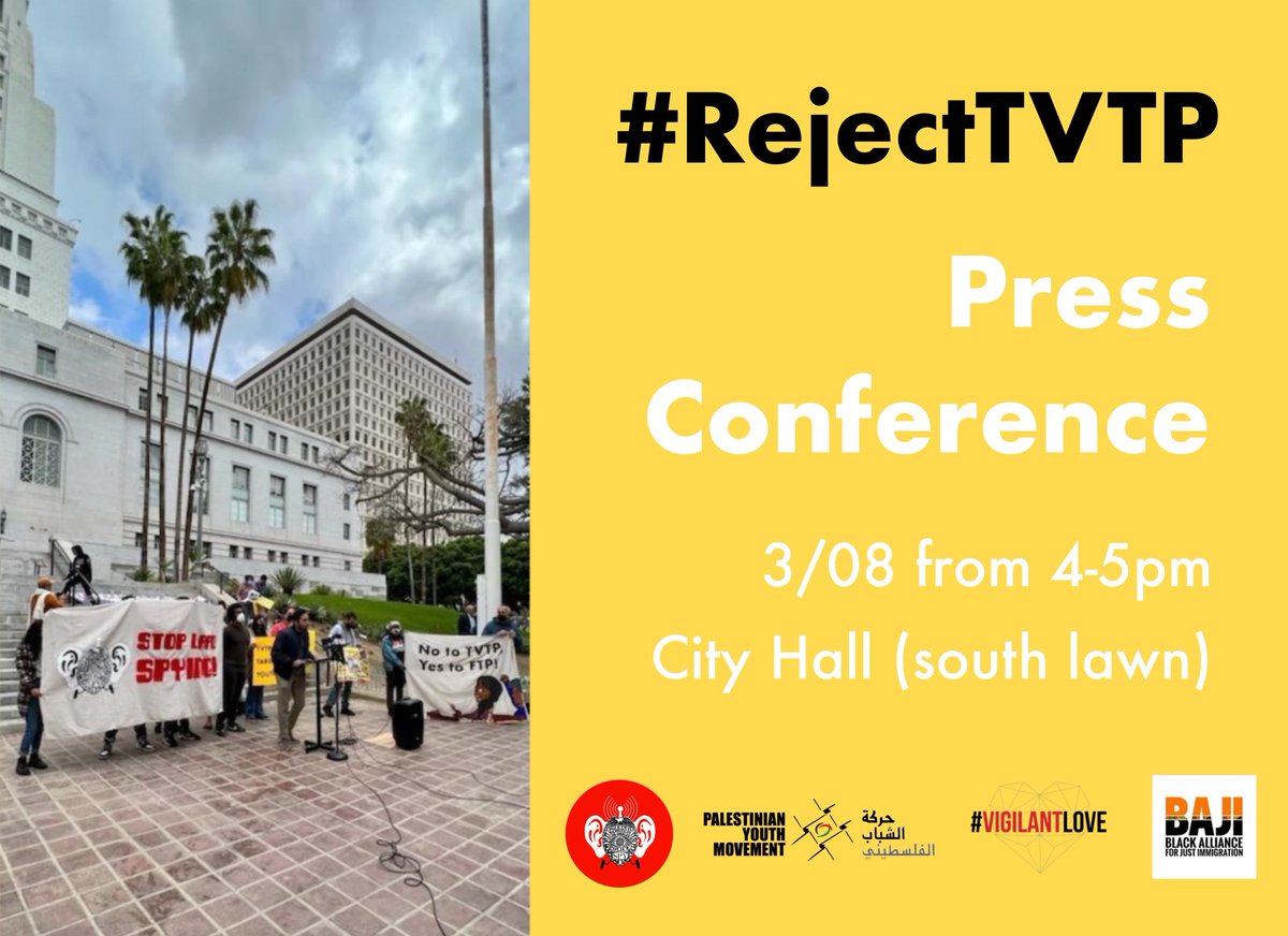 stoplapdspying's tweet photo. Join us for a press conference this TUESDAY 3/8 @ 4pm at the south lawn steps of City Hall to demand that City Council #RejectTVTP https://t.co/VoEUX4pnBd