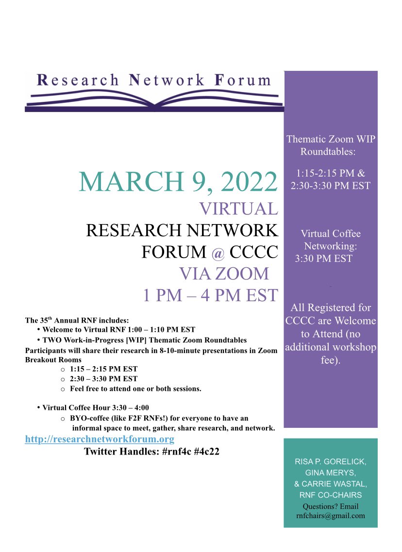 rnf4c's tweet photo. We look forward to seeing everyone on Wednesday, 3/9 from 1-4 PM EST. Feel free to attend when you can. All registered CCCC are welcome. #rnf4c #4C22 https://t.co/mvaKaNVyMd