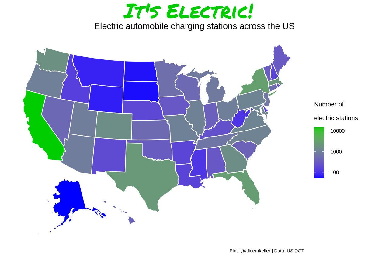 alicemkeller's tweet photo. My first contribution to #rstats #TidyTuesday!

I visualized electric fueling stations across the United States. Week 9 data from @USDOT.

Code: https://t.co/GuXPfXNwGE

#dataviz #r4ds https://t.co/ryAPm9KDFL