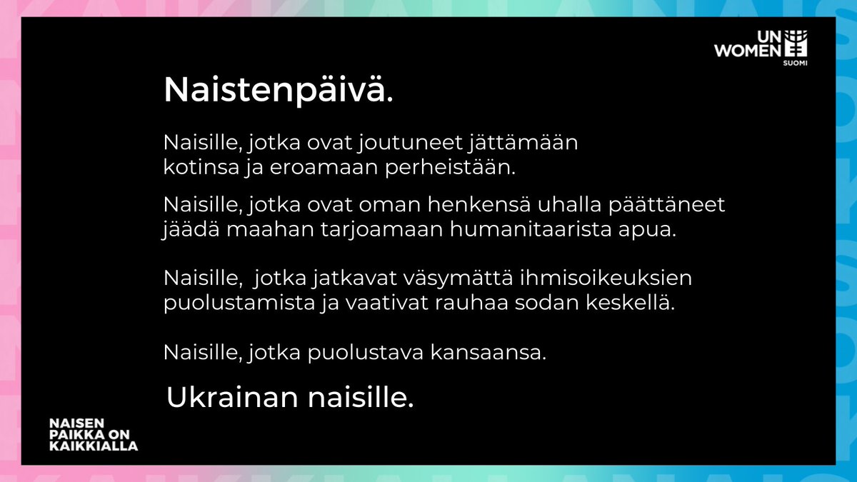 Tämä #naistenpäivä on omistettu naisille, jotka joutuvat taistelemaan perustavanlaatuisista oikeuksistaan elämään ja turvallisuuteen. Naisille sodissa ja konflikteissa. Naisille, joiden ihmisoikeuksia on puolustettava, myös sodassa.

Ukrainan naisille.

#NaisenPaikka #Ukraina