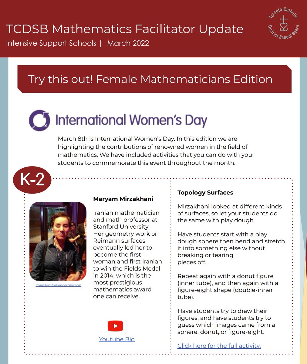 Our amazing #MathFacilitator team co-planned #IWD2022 #InternationalWomensDay activities for K-6 Math Classes. Learn about the women who drove research in topology, coding, data, modeling, and conics 🔗drive.google.com/file/d/11DOctM… #mathchat #edtech #mtbos <a href="/msasilvestre/">Adriana Silvestre, MET</a> <a href="/rosemortillaro/">Rosanna Mortillaro</a>