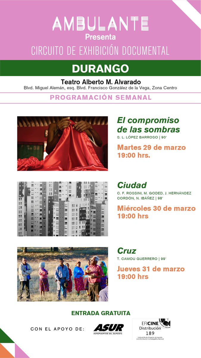 Ambulante's tweet photo. ¡Pos llegaron los documentales a Durango! 🌵🪲🦂 Todo el mes de marzo tendremos funciones sin costo en el Teatro Alberto M. Alvarado. 

Échenle un ojo a la programación que preparamos. 👇👇👇 https://t.co/lJZbAZKXs3