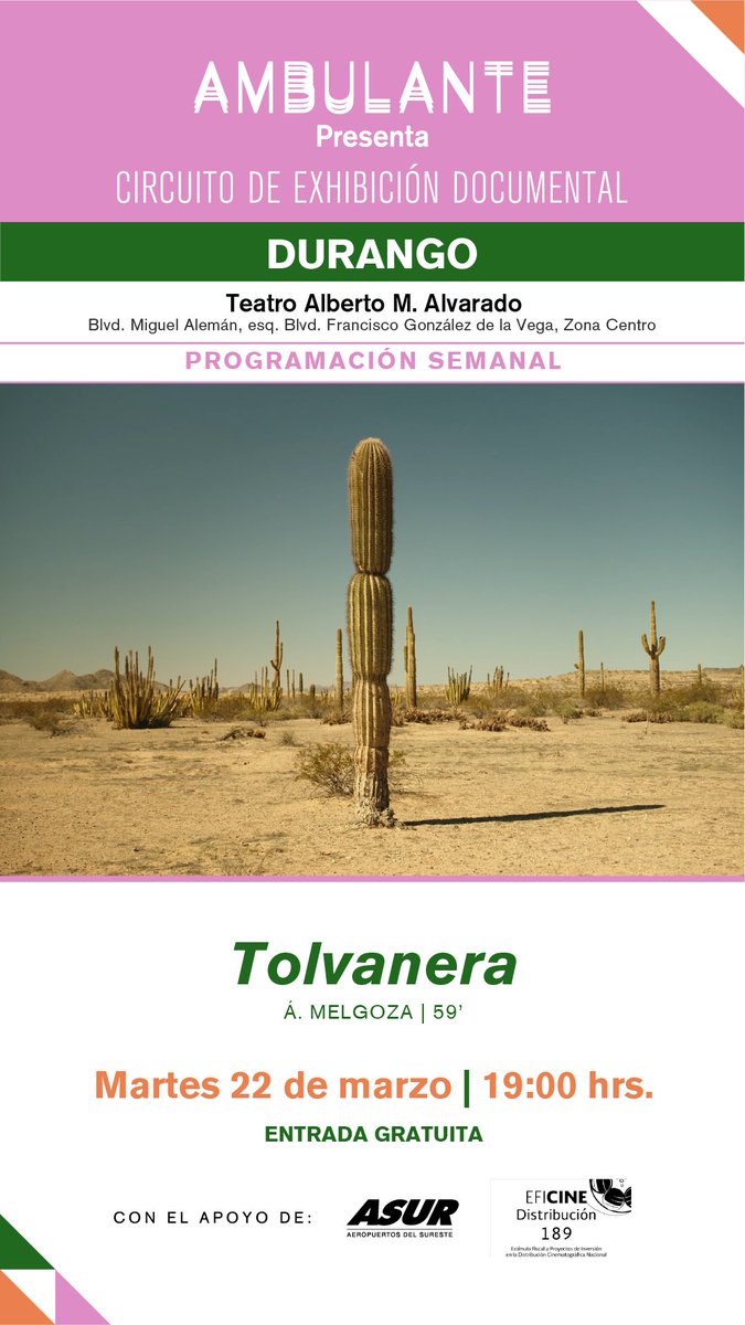 Ambulante's tweet photo. ¡Pos llegaron los documentales a Durango! 🌵🪲🦂 Todo el mes de marzo tendremos funciones sin costo en el Teatro Alberto M. Alvarado. 

Échenle un ojo a la programación que preparamos. 👇👇👇 https://t.co/lJZbAZKXs3
