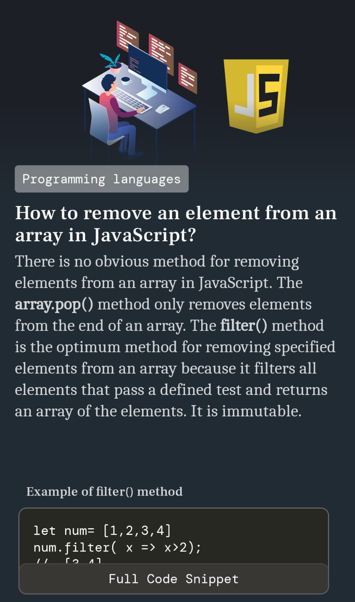 DevBytesApp's tweet image. JavaScript fundamentals - Remove an element from an array

#JavaScipt #100DaysOfCode #DevBytes