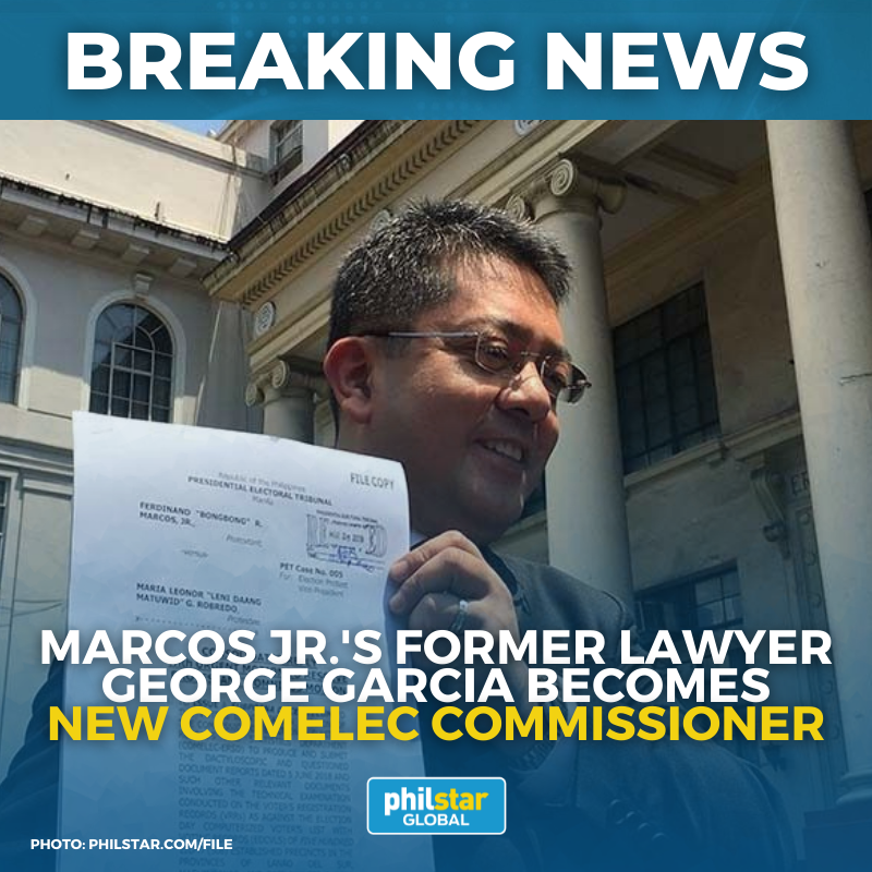 PhilstarNews's tweet photo. Malacañang confirms the appointment of election lawyer George Garcia as a new COMELEC Commissioner along with DSWS Usec. Aimee Neri, while Saidamin Pangarungan is appointed as the poll body's ad-interim chairman. https://t.co/5bQqB4e1fg