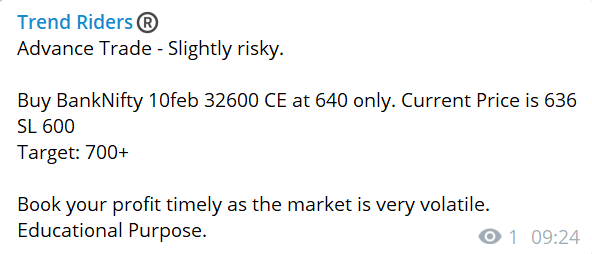 TrendRidersGrp's tweet photo. #TrendRiders took first trade in #BankNifty. Target Achieved and Booked profit timely.🎯🎯🎯🎯
Here is the trade. 

Join us NOW &amp; EARN 👇
https://t.co/h4ulYMOjij…
#StockMarketindia #investing #nifty50  #Niftybank #StockMarketUpdate 
#stocktips #Stockstobuy #sharemarket https://t.co/gKh1WlQW5e