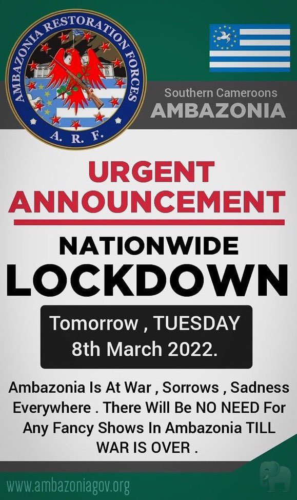vicky_824's tweet photo. @SamuelSako declared Tuesday March 8th a National Lock Down day in #ambazonia. No fly will be seen outside. Lock Down = No Women’s Day. Women &amp; children are being slaughtered everyday. #StopAmbazoniaGenocide
@FLOTUS  @LindaT_G @ABlinken @hrw @SCRtweets 
@USSenate
@sebastien_Nadot https://t.co/a0nHj3zO1N