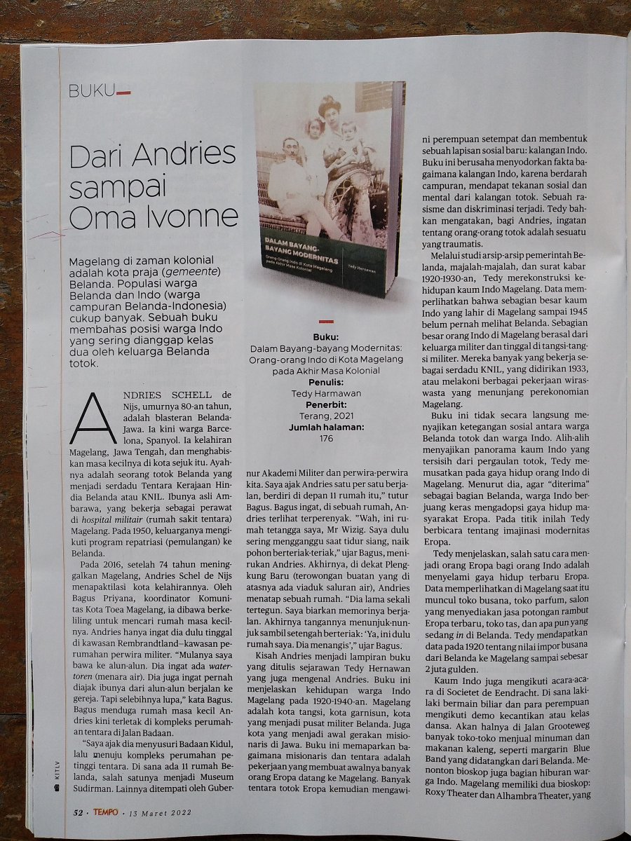 penerbitterang's tweet photo. Resensi buku "Dalam Bayang-bayang Modernitas: Orang-orang Indo di Kota Magelang pada Akhir Masa Kolonial" (Tedy Harnawan, 2021) di Majalah Tempo edisi 7-13 Maret 2022 oleh redaktur senior Tempo, Seno Joko Suyono. https://t.co/3FOkHxi6Ip