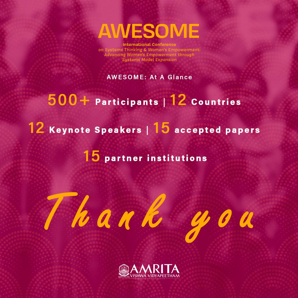ammachilabs's tweet image. 500+ participants
12 Countries
12 Keynote speakers
25 Accepted papers
15 Partner Institutions
1 AWESOME CONFERENCE
Thank you all for your participation and support!
#AWESOMEconference @si_mumbai @Esri @icssr @AMRITAedu @CWEGE_Amrita