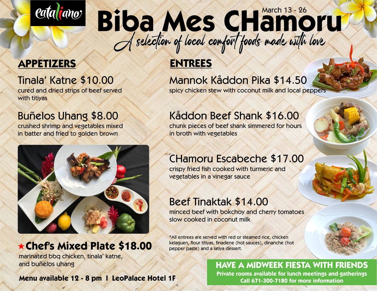 leo_palace_guam's tweet photo. Maila’ yan diskubre i tañan pasión-måmi!
Have a fiesta anytime of the day, come to the hills and discover the taste of our passion as we celebrate CHamoru month.
Biba Mes CHamoru!
#guam #chamorrofood #bibameschamoru #グアム #괌 https://t.co/539KtCzcGC