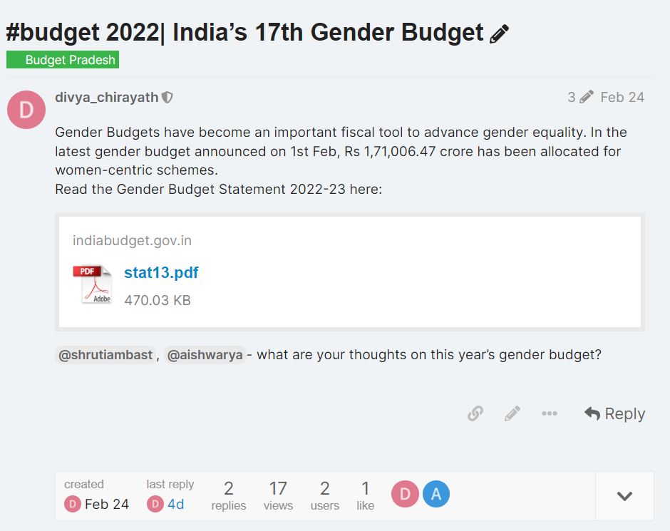 #breakthebias | India's 17th Gender Budget reaffirms India's committment to advance gender equality through public spending.
Visit the Budget Forum on Open Budgets India to explore opinions on this year's Gender budget:

forum.openbudgetsindia.org/t/budget-2022-… 

#WomensDay