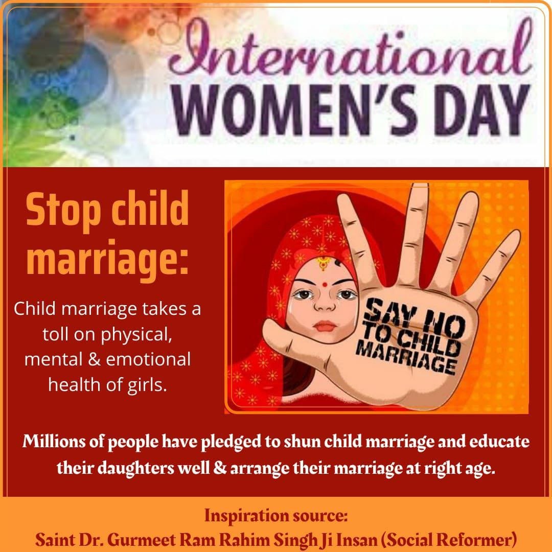 Sunita66400250's tweet photo. #GenerationEquality
#IWD2022 #InternationalWomensDay2022 बाल विवाह पूरे समाज के लिए अभिशाप है। केवल #DSS ही वह संस्था है जिसने लाखों लोगों को इस प्रथा को त्यागने और इसे बढ़ावा देने वाले लोगों की निंदा करने के लिए प्रेरित किया। @GurmeetramRahim ji insa https://t.co/yiAnBo0PyC