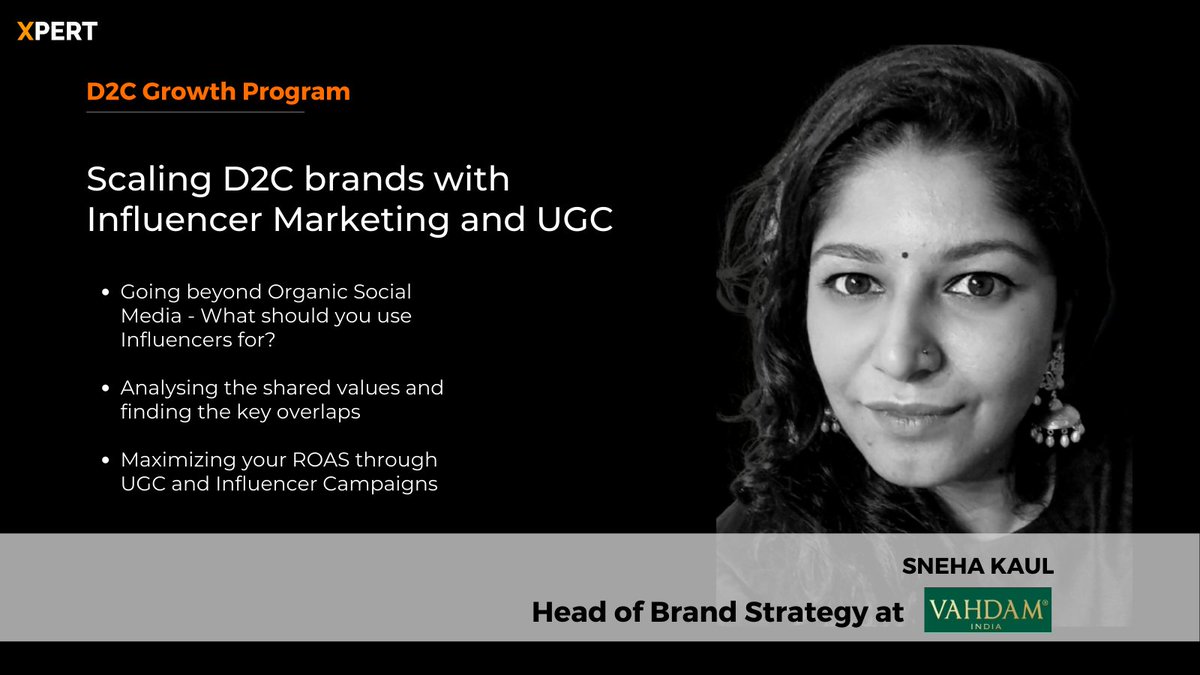 xpert_chat's tweet photo. At Xpert, we had the amazing opportunity to have Sneha Kaul, Head of Brand Strategy at @VahdamTeas sharing her framework &amp; expertise around Influencer Marketing Campaigns with our D2C Cohort. https://t.co/gsTEW1vVdI