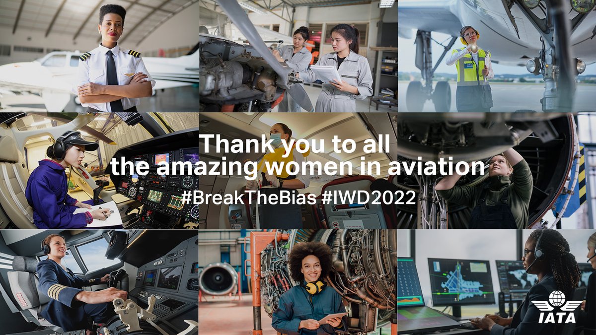 IATA's tweet photo. Women play a key role in the aviation industry and through IATA’s #25by2025 initiative we encourage organizations to move the dial on diversity, equity and inclusion. 

Together, we work together to #BreakTheBias #IWD2022 https://t.co/IRKtUAQGez
