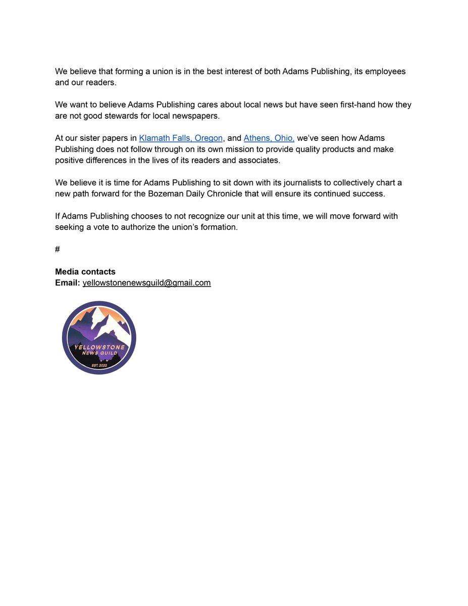 #BREAKING: The journalists at the Bozeman Daily Chronicle move to unionize, ask <a href="/PublishingAdams/">Adams MultiMedia</a> for voluntary recognition

#protectlocalnews
#UnionStrong 
<a href="/newsguild/">The NewsGuild-CWA</a> 
<a href="/bozchron/">Bozeman Daily Chronicle</a>