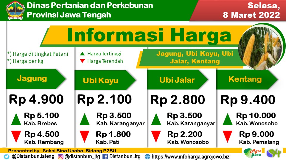 distannakjateng's tweet photo. Berikut kami sampaikan Laporan Rata-rata Sebaran Harga Komoditas Pertanian &amp; Perkebunan di tingkat petani di Jateng, Selasa,08 Maret 2022(Thread).

@ganjarpranowo
@ClpSupriyanto
@DaniHaroenbr
@mahendra_opik
@provjateng
@Bapeltan_Jtg
@thlpoptjateng
@bbtphbanyumas

#JatengGayeng https://t.co/zRZVKwsma0