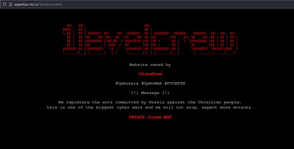 #Anonymous #OpRussia #1LevelCrew #UkraineRussianWar

We are accessing several Russian servers in support of #Ukraine, this is the beginning ;)

expertiza-ntc.ru/1levelcrew.html HACKED. 

We are: 1LEVELCREW.