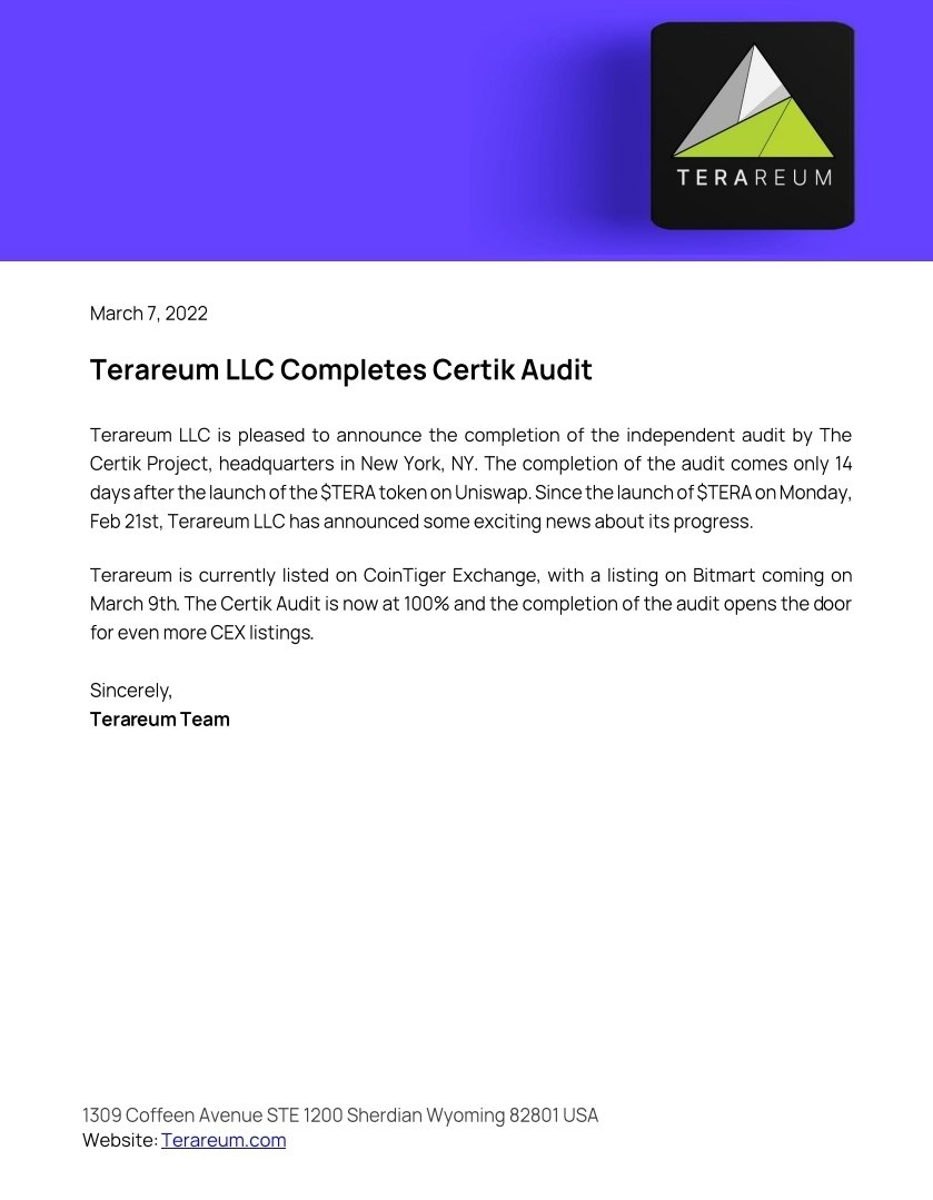 Terareumtoken's tweet photo. Terareum Certik audit announcement https://t.co/qDYM42oflE