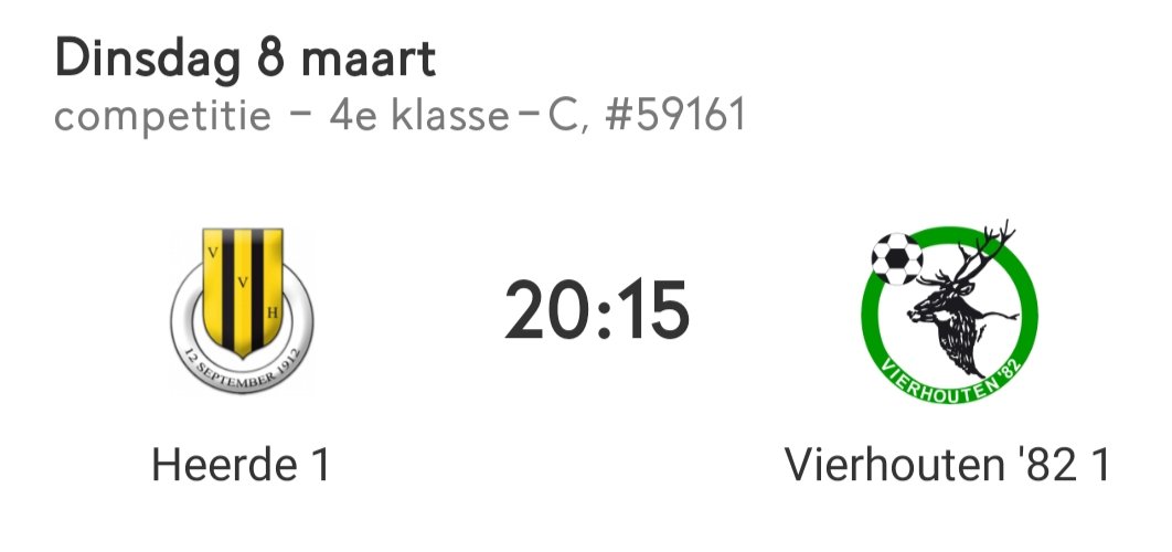 Vanavond speelt vvHeerde de inhaalwedstrijd tegen Vierhouten aanvang 20.15 uur