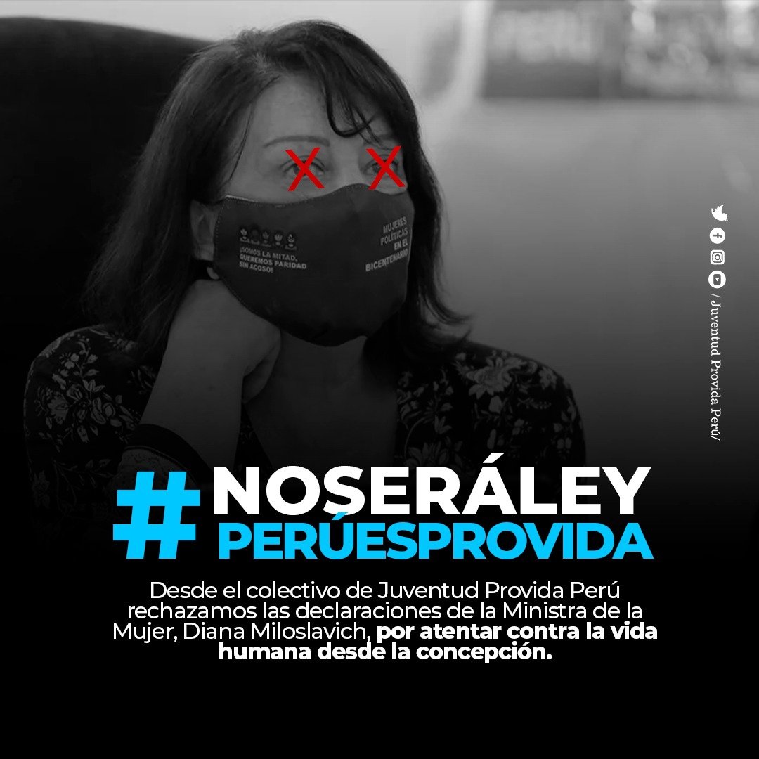 #NoSeráLey 💙

Desde el colectivo de Juventud Provida Perú rechazamos las declaraciones de la Ministra de la Mujer, Diana Miloslavich, por atentar contra la vida humana desde la concepción.

#PerúEsProvida 
#ElAbortoEsMuerte
#NoSeraLey