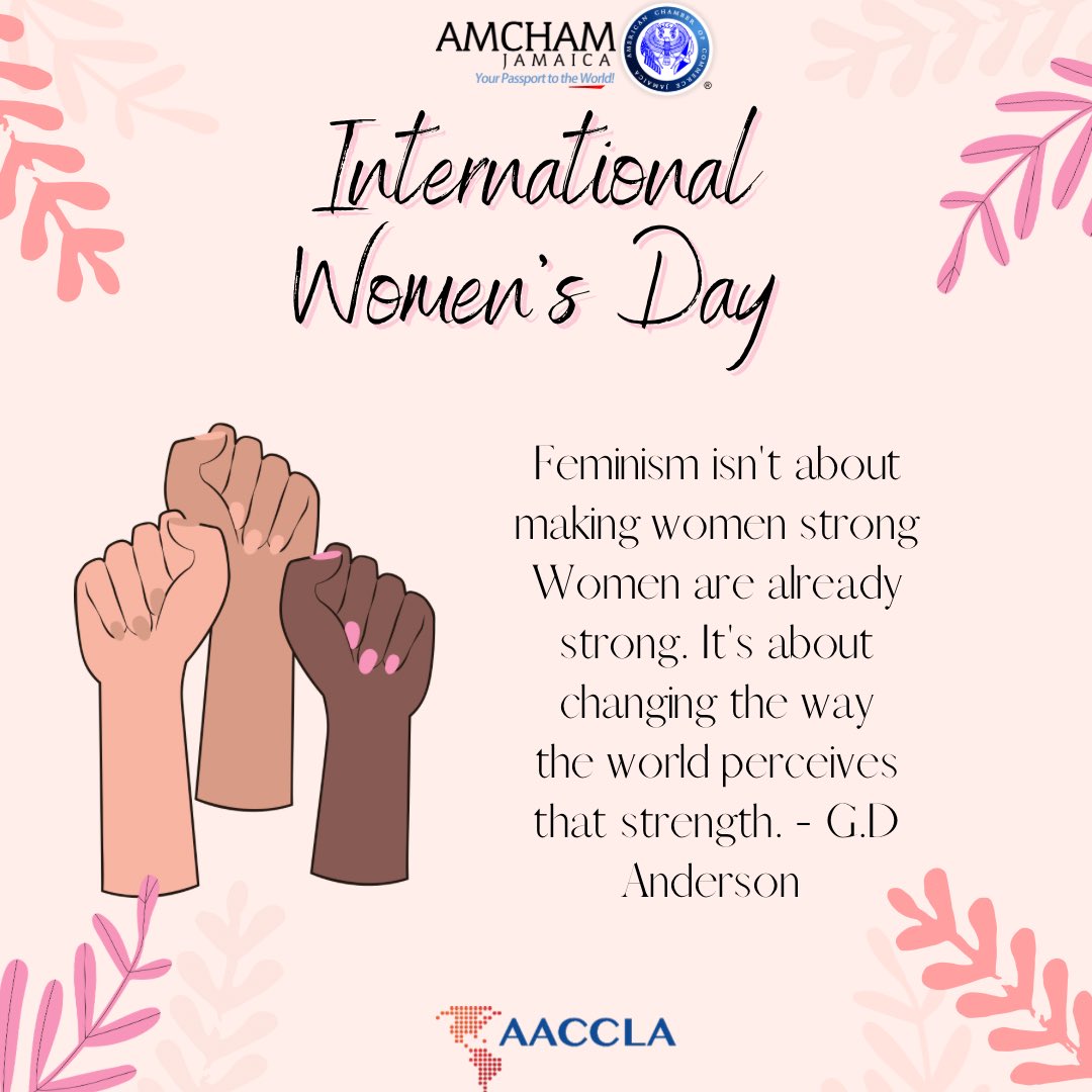AMCHAMJamaica's tweet photo. On this International Women’s Day we would like to remind you that Women are strong ✨
Happy International Women’s Day to the Superheroes in heels, skirts, afros, wigs, braids or lipstick we celebrate you .
#InternationalWomensDay #WomensDay #March8 #WomenPower #SheIsWoman https://t.co/axSSEbvY71