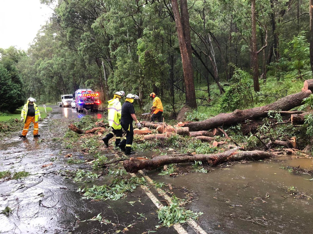 NSWRFS's tweet photo. The heavy rain will continue for many parts of NSW tonight - and winds will pick up. Some areas may see wind gusts of over 100 kph. Strong winds, coupled with waterlogged ground, increases the risk of falling trees and powerlines. Pic: Bucketty &amp; District #NSWRFS https://t.co/k0ufdc68Mm
