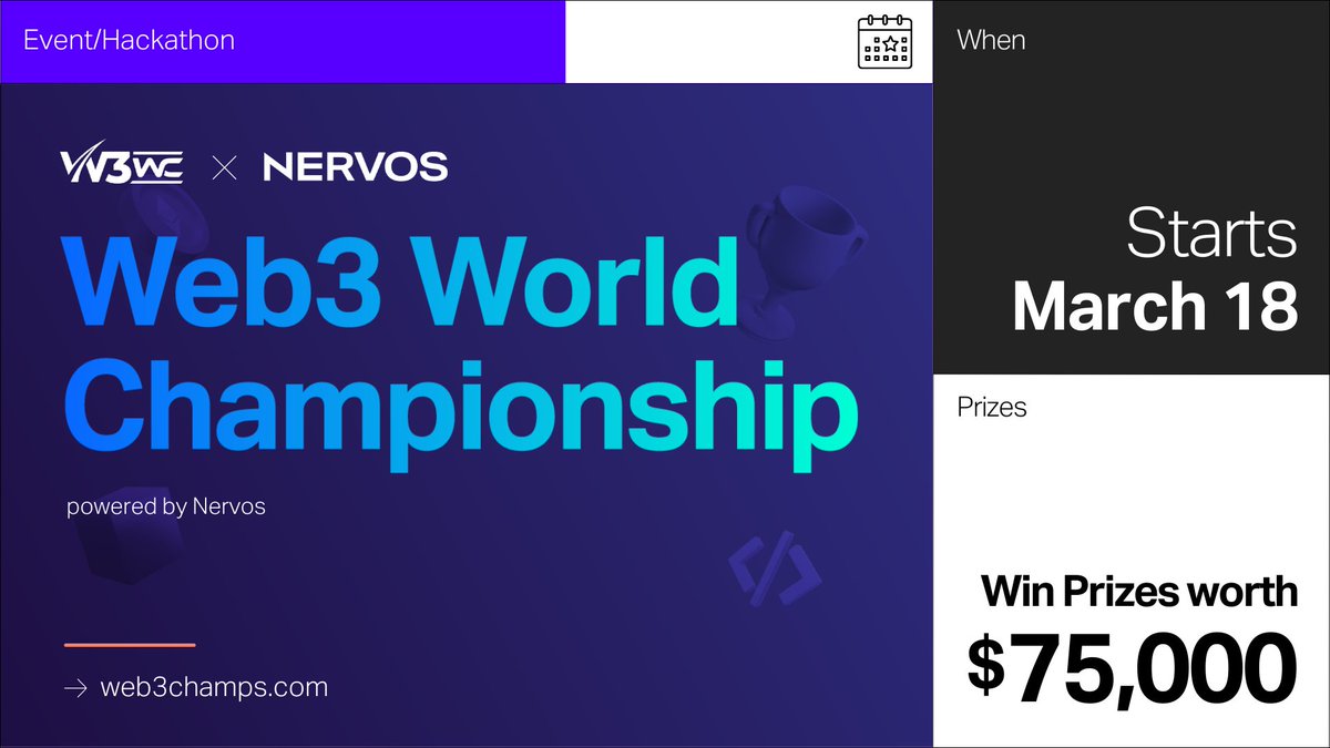 📣#Nervos is excited to host the Web3 World Championship #hackathon from March 18th-April 10th!

Build a project with the #Nervos #blockchain and win up to $75K in prizes🎉

The first 500 sign ups win awesome #NFTs. Enrol now 👉web3champs.com