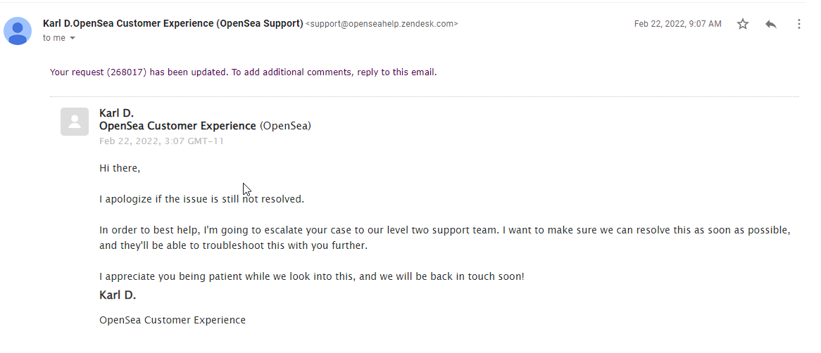 <a href="/opensea/">OpenSea</a> <a href="/jaygotgame/">J.J. Weinberg | Happy Little Hairdos</a> @happylittlehair Hey OS, been over 2 weeks and still waiting for lvl 2 support  for assistance?