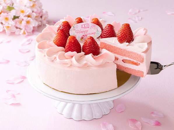 フロプレステージュ 3時のおやつ に Floの人気商品 さくら色のショートケーキ はいかがでしょうか 毎年人気の苺風味のピンクスポンジのケーキです ピンクシャンティクリームと桜花びらチョコでデコレーションしました その他新商品一覧