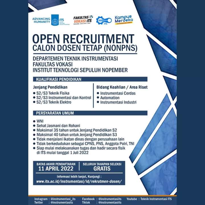 Open Recruitment Calon Dosen Tetap (Non PNS) Departemen Teknik Instrumentasi Vakultas Vokasi ITS
Informasi lebih lanjut, kunjungi:
its.ac.id/instrumentasi/… 

#dosenits
#rekrutmendosenits
#dosentetapnonpns
#dosentetapits