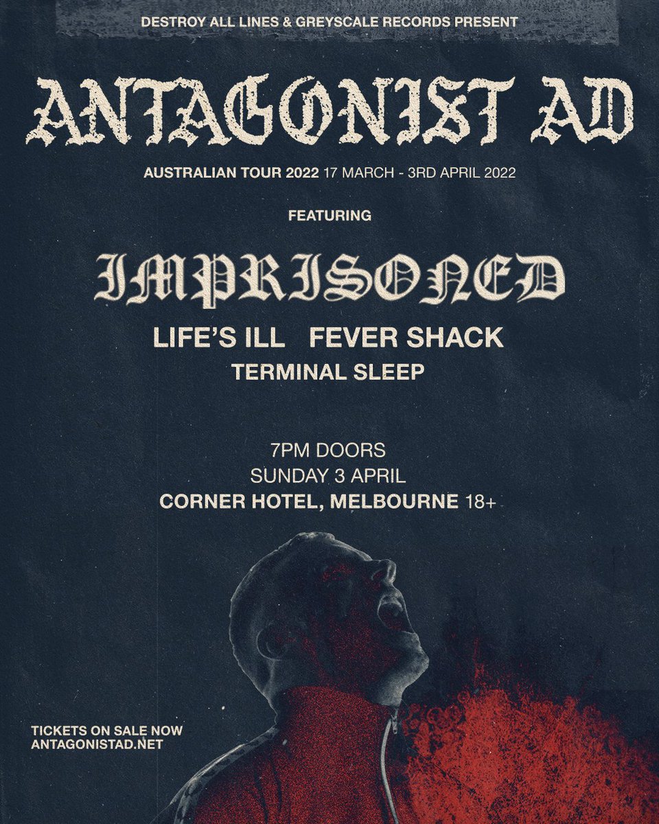 Stoked to announce we'll be supporting <a href="/AntagonistAD/">Antagonist AD</a>   in Sydney &amp; Melbourne in a couple weeks! 

These shows are going to be wild. 
Tickets onsale now at destroyalllines.lnk.to/22ANT