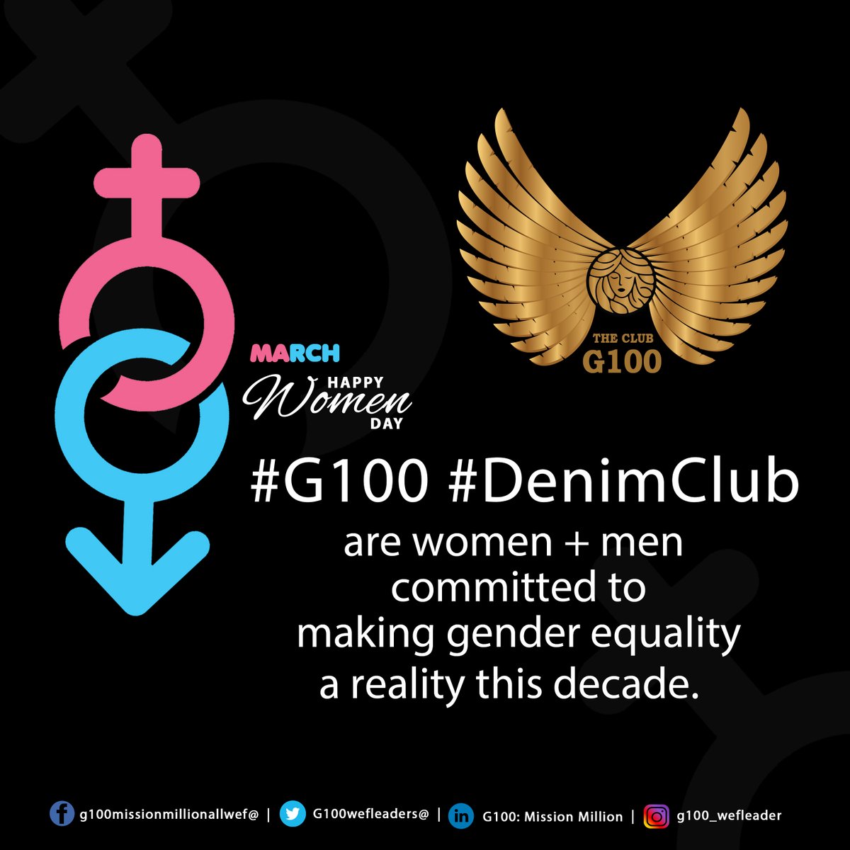 G100wefleaders's tweet photo. #MissionMillion Closing the Gender Gap with One Million Gender Champions.
#G100 #DenimClub are women + men committed to making gender equality a reality this decade.
Which 3 gender champions can you nominate ?
Please Tag + Retweet + Share post
Let’s do this !
#happywomensday https://t.co/H5a7tbhmwh