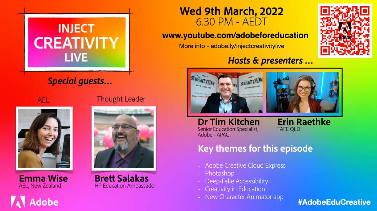 timkitchen's tweet photo. Don't forget to join us live tomorrow at 6.30 PM AEDT for the next exciting episode of Inject Creativity Live - https://t.co/rkqyx0ClMF #creativity #education #createedu #aussieED #edchat #eLearning #adobeedu #FutureFocusedLearning #AdobeEduCreative #edtech #edtechchat #vicpln https://t.co/kGiDl61IVy
