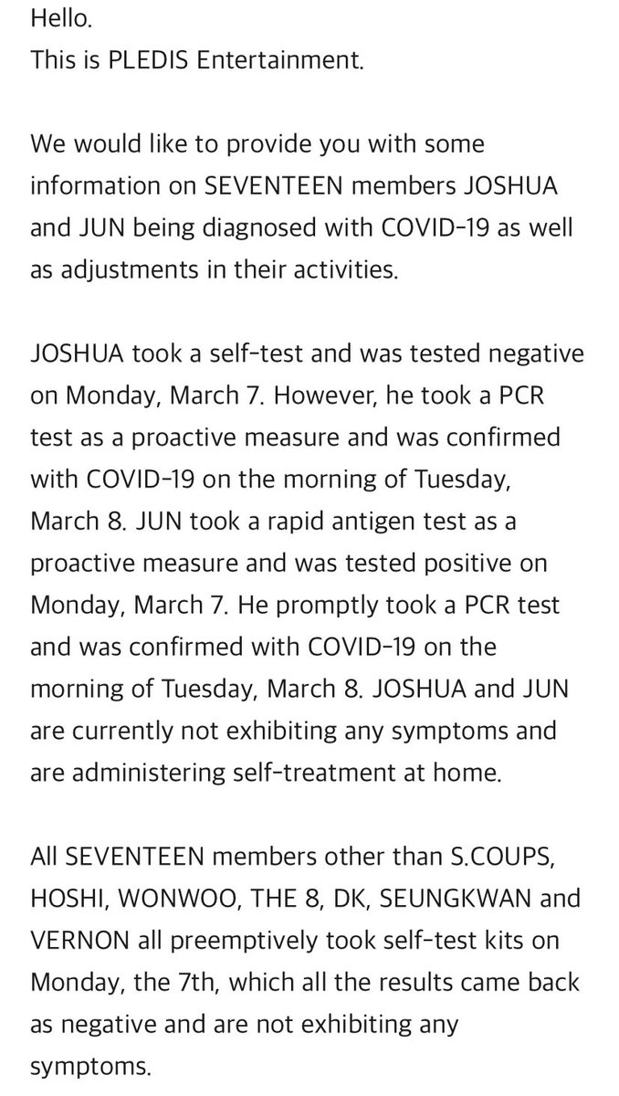 seminse95's tweet photo. #GetWellSoonJoshua
#GetWellSoonJun
สั่นไปหมดอ่า วอนอู กับ เวอร์นอน ก็พึ่งจะหาย ตอนนี้ โฮชิ คุปส์ ดีเค น้องบูซึงกวาน ฮ่าวกำลังรักษาตัวอยู่ วันนี้ประกาศ โจชัว จุน ติด เป็นห่วงเมมเบอร์ทุกคนอ่า หายไวๆนะ ดูแลตัวเองด้วย
#SEVENTEEN JOSHUA และ JUN ที่ได้รับการวินิจฉัยว่าเป็นโรค COVID-19 https://t.co/NPgJJ0j13t