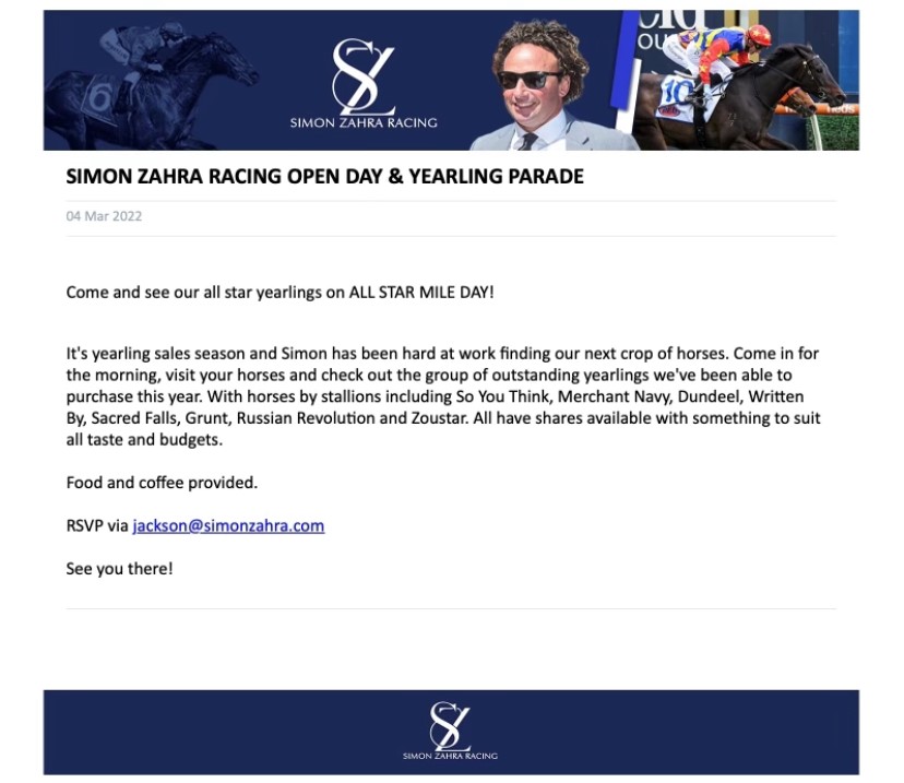 szahraracing's tweet photo. Come and join us at our open day and yearling parade on 19th March at 9am at the stables. 

Looking forward to showing off our next crop of yearlings and catching up with all our owners past, present and future. 

Make sure you RSVP to jackson@simonzahra.com https://t.co/vR1T0otZ3a