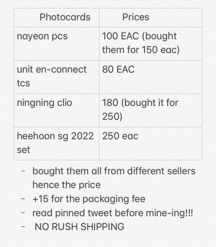 luv4heehoon's tweet photo. wts lfb ph

📍 click photo below for the prices and the photocards included

twice nayeon aespa ningning enhypen heeseung sunghoon sunoo https://t.co/oOtrFiztPL